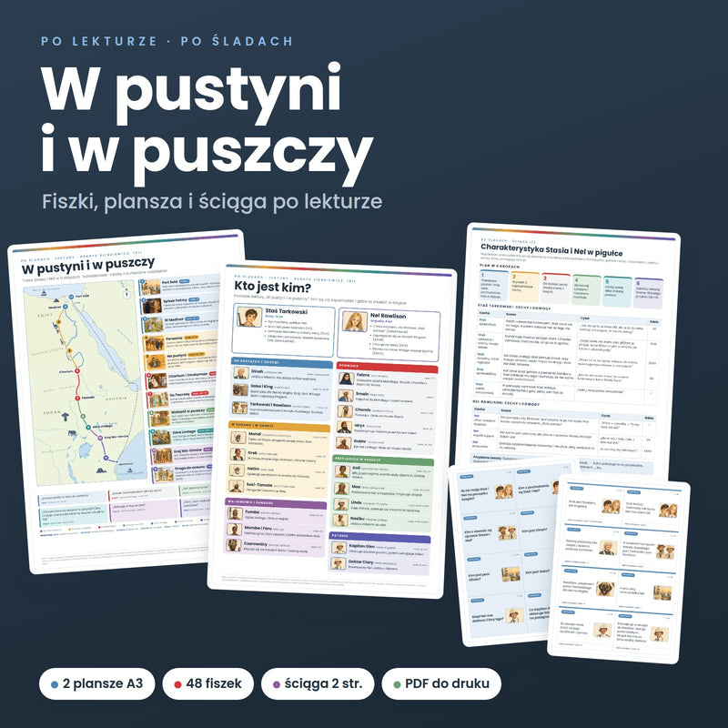W pustyni i w puszczy: fiszki, plansza i ściąga po lekturze (PDF do druku)