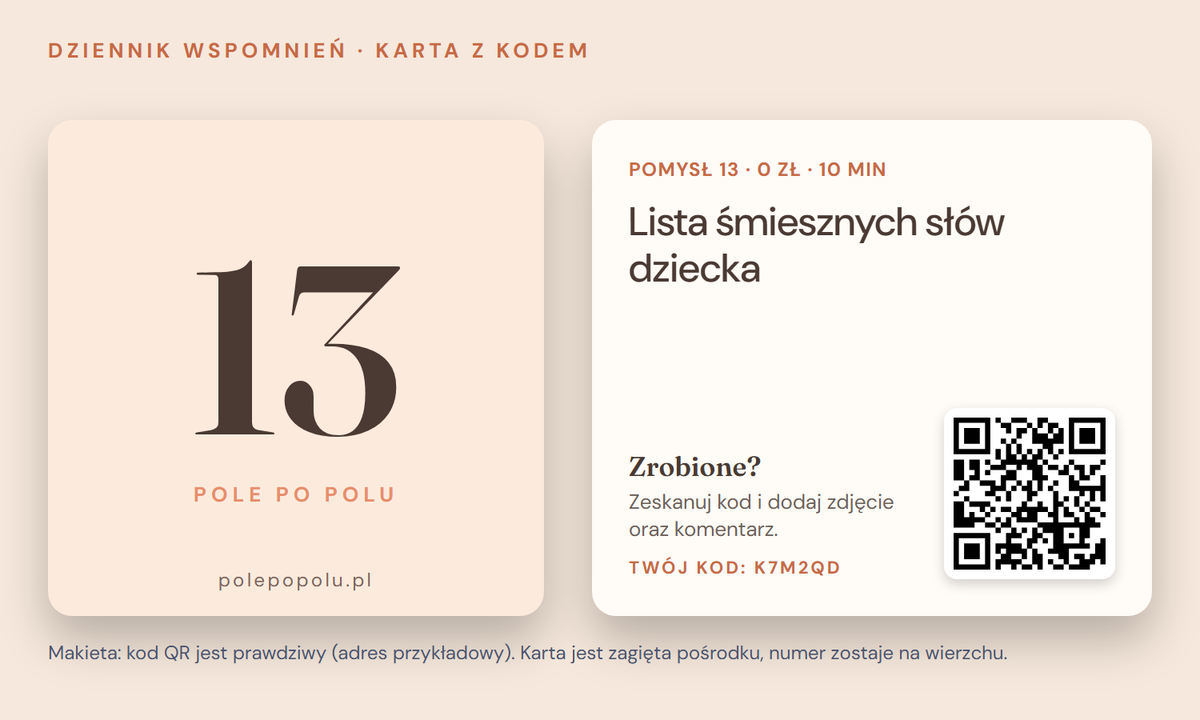 Karta Dziennika wspomnień o pierwszym roku z maluchem z kodem QR i kodem zestawu