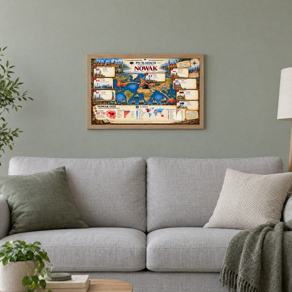 Plakat Podróż nazwiska Nowak nad sofą