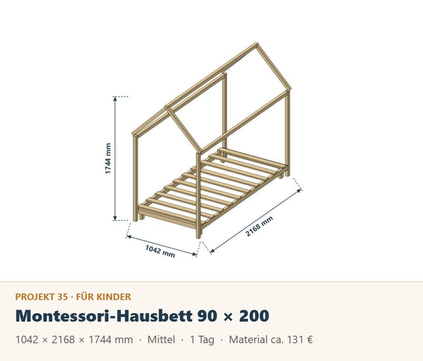 Montessori-Hausbett selber bauen: Bauplan 90 × 200 cm