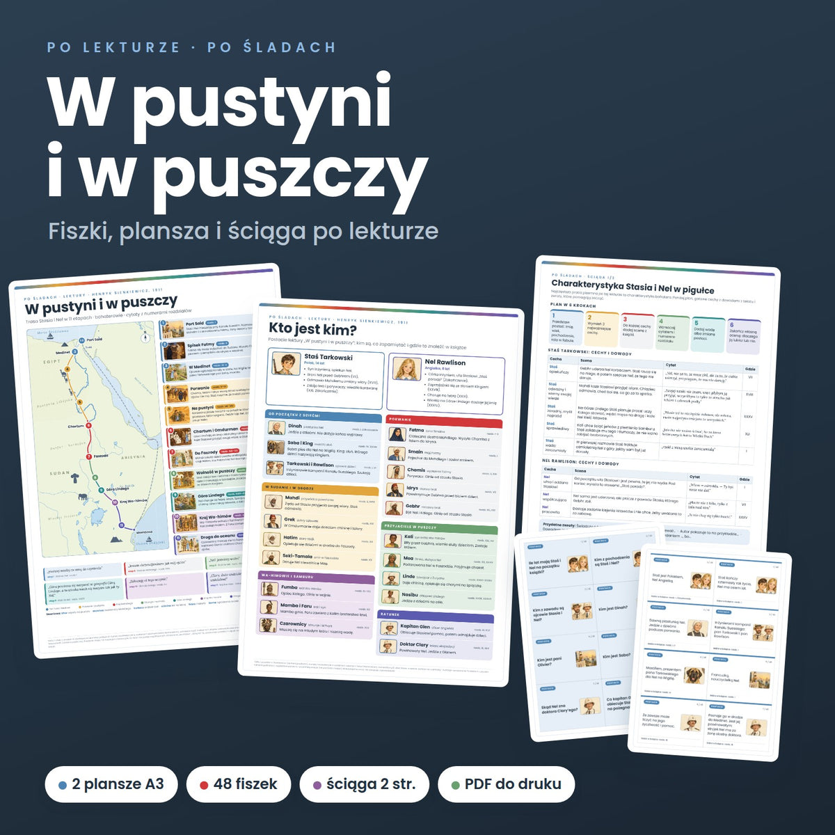 W pustyni i w puszczy: fiszki, plansza i ściąga po lekturze (PDF do druku)