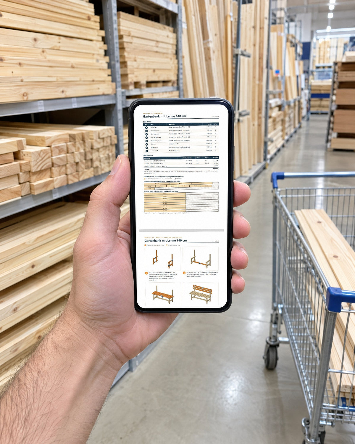 Bauplan auf dem Handy im Baumarkt