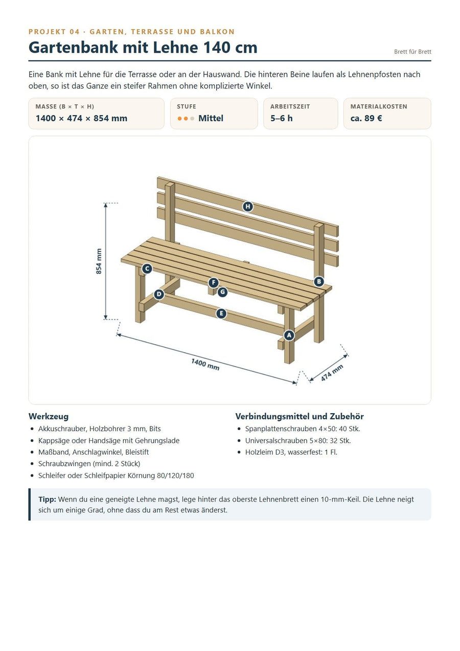 Projektkarte Gartenbank mit Lehne