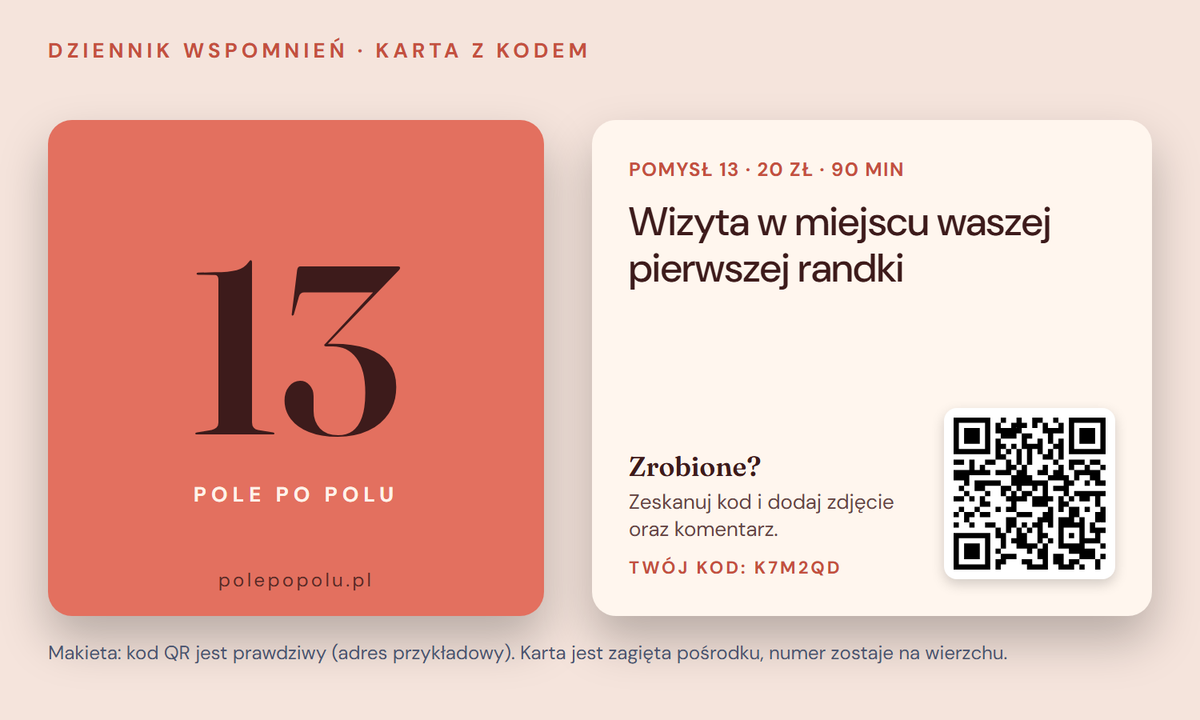 Karta Dziennika wspomnień z kodem QR i kodem zestawu