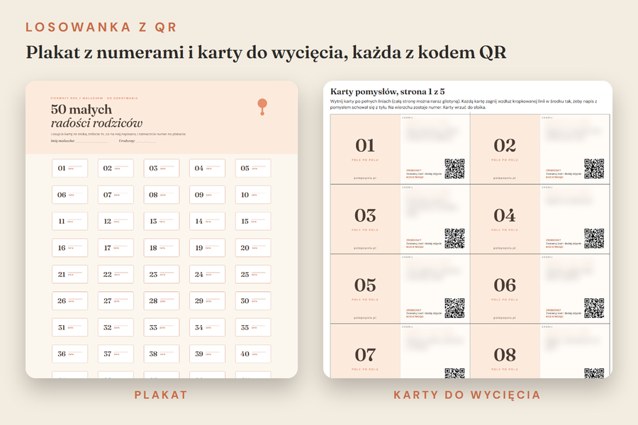 Losowanka z QR: plakat z numerami i karty do wycięcia, każda z kodem QR