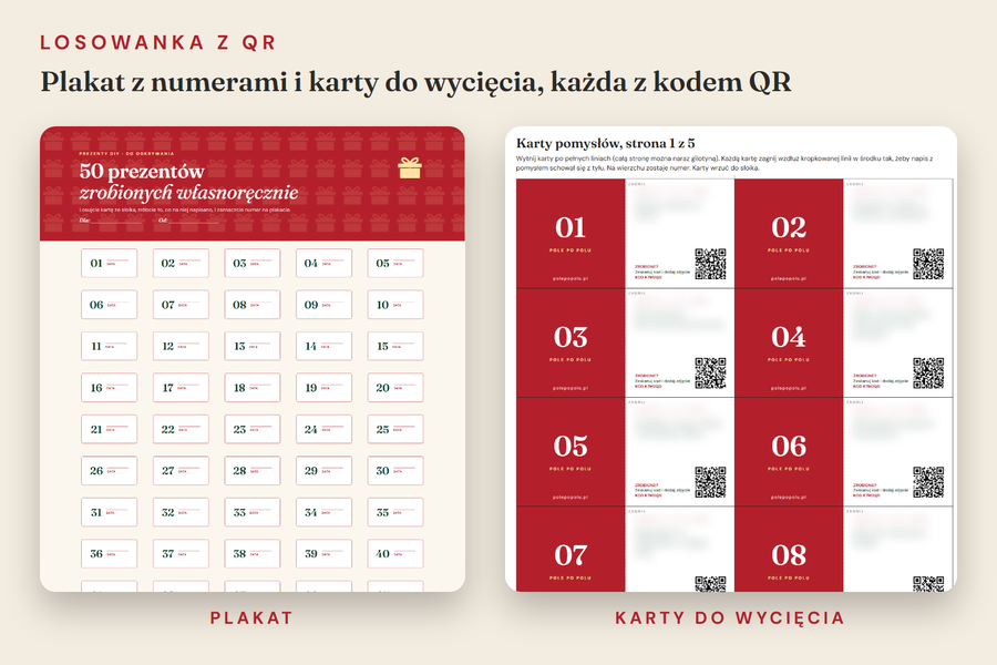 Losowanka z QR: plakat z numerami i karty do wycięcia, każda z kodem QR