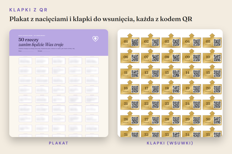 Klapki z QR: plakat z nacięciami i klapki do wsunięcia, każda z kodem QR