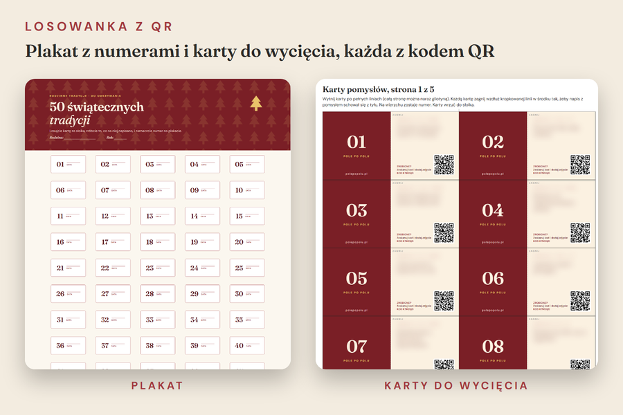 Losowanka z QR: plakat z numerami i karty do wycięcia, każda z kodem QR