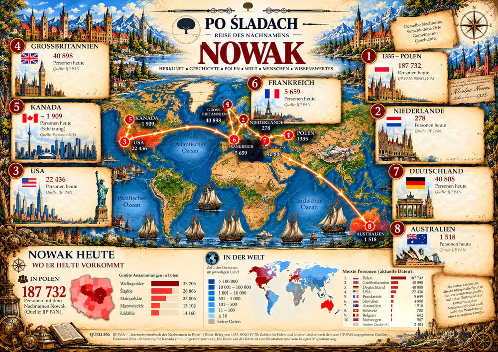 Plakat Podróż nazwiska Nowak, wersja językowa: de