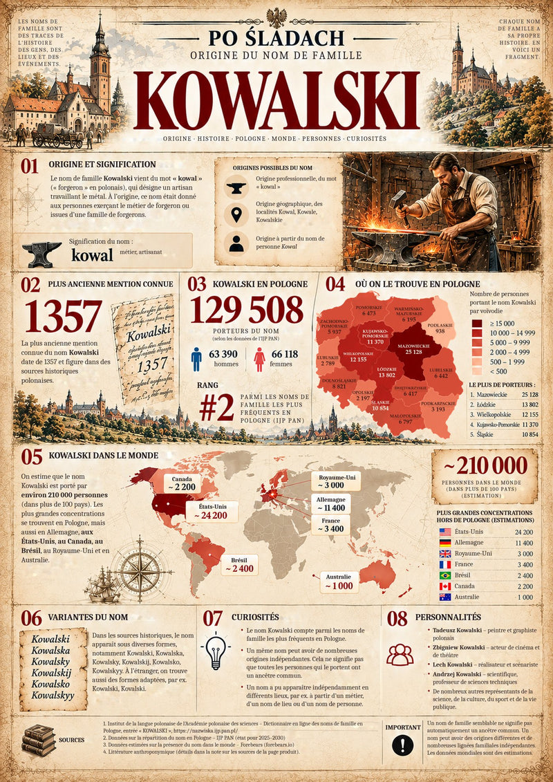 Plakat Geneza nazwiska Kowalski, wersja językowa: fr