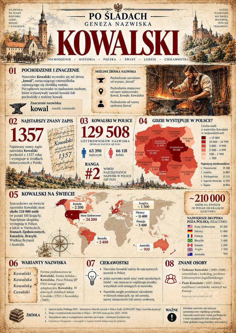 Plakat Geneza nazwiska Kowalski, wersja językowa: pl